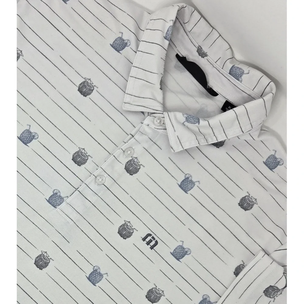 Travis Mathew Polo Shirt Mens XL White‎ Golf Cocktail Print Striped Short Sleeve